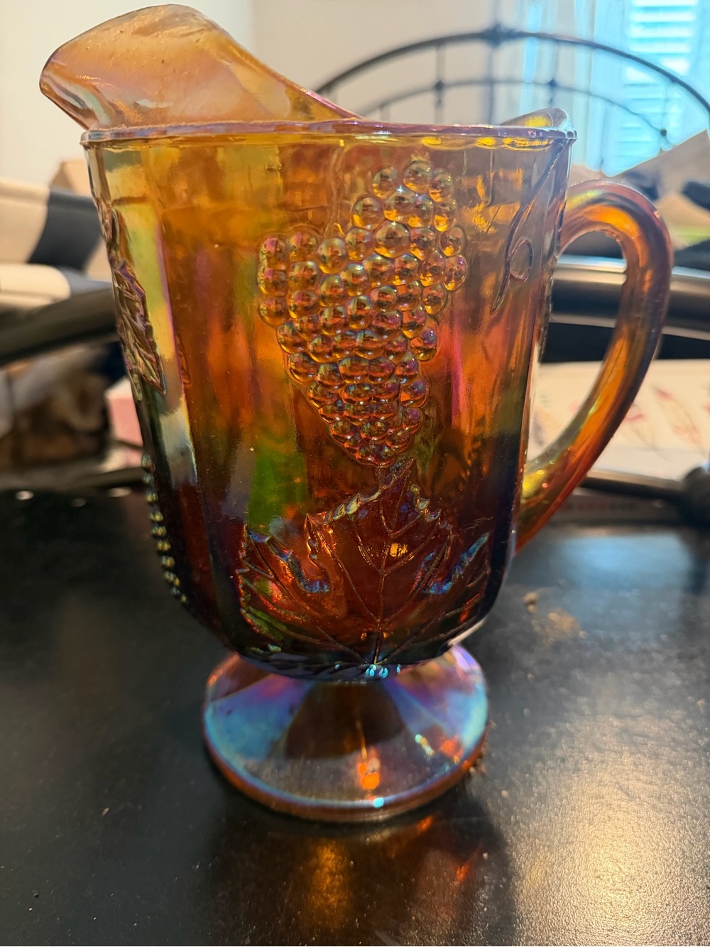Vintage Indiana Glass Company pitcher and 5 glasses in the Harvest Grape pattern